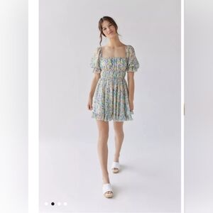 NWOT Urban Outfitters Floral Puff Sleeve Dress - Blue and Yellow